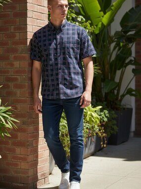 Publish Navy Grid Print Short Sleeve Shirt Size M (A1)